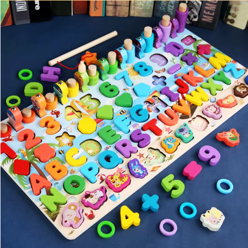 Jouet Montessori Éducatifs en Bois 7 en 1™ pour Enfants, Jeu de Société avec Pêche, Lettres 4et Association de Formes pour Enfants